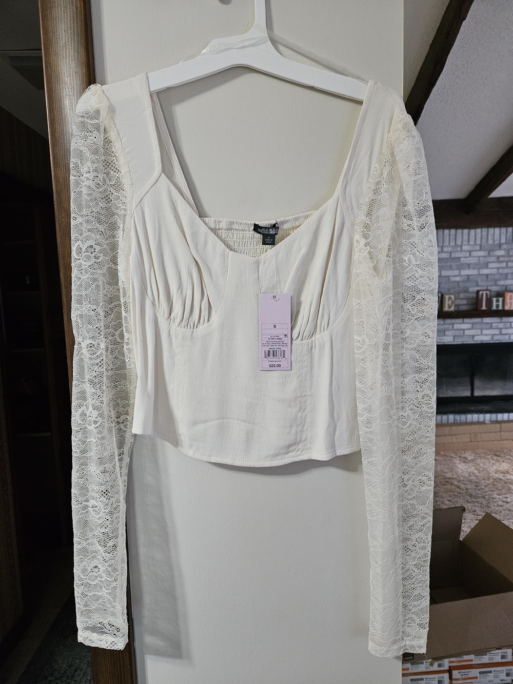 wild fable Ivory Lace-Sleeve Square Neck Blouse